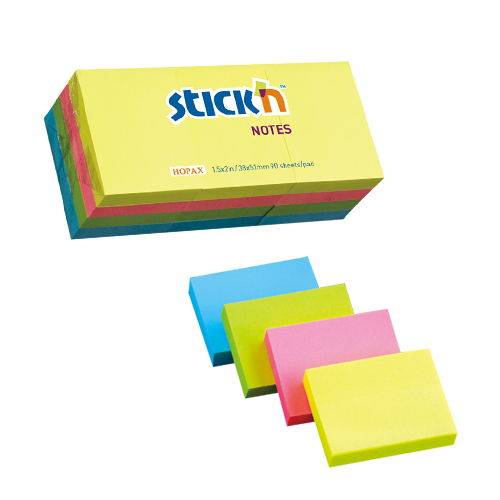Stick'n notesblok 38x51mm i 4 neon farver