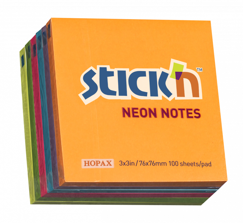 Stick'n notesblok 76x76mm i neon farver