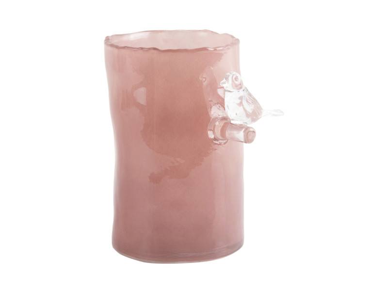 Vase Bird On Branch 15x9,5cm glas lyserød