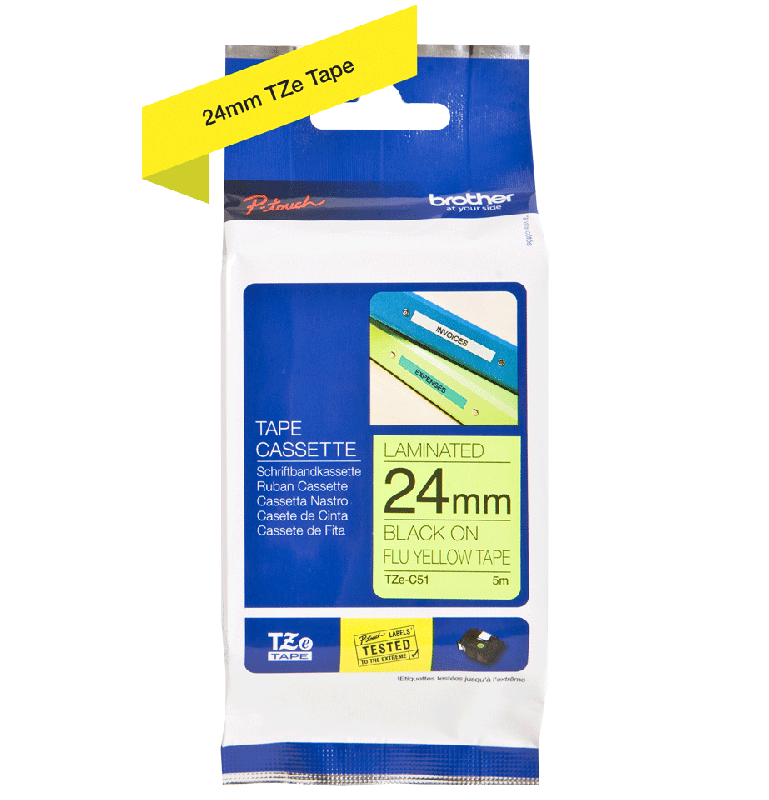 Brother tape TZeC51 24mm sort på neon gul